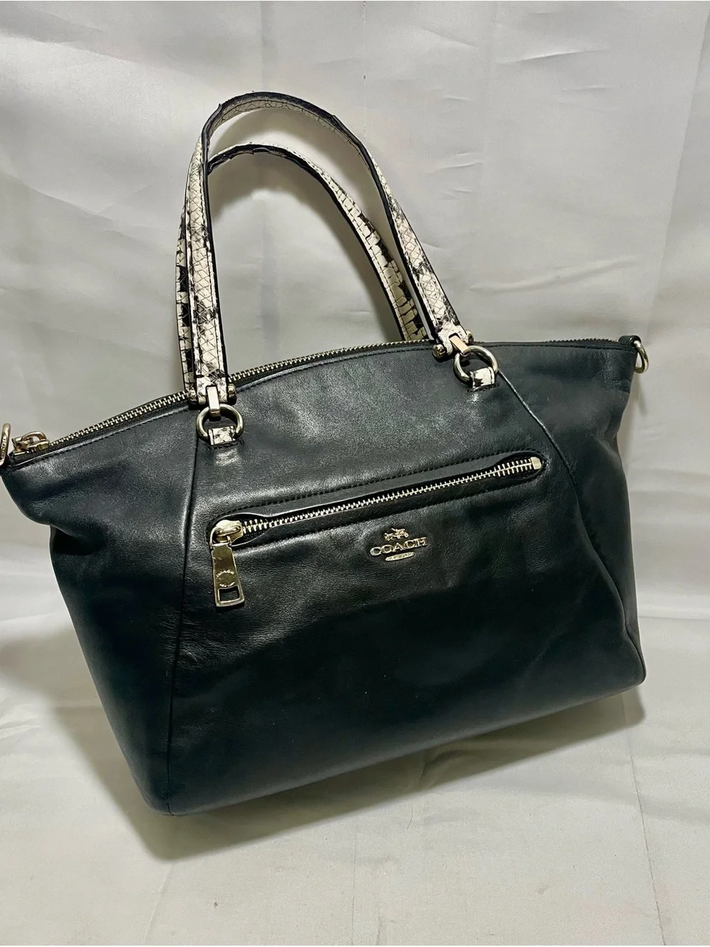 Coach Black Leather Prairie Satchel/Crossbody with Snakeskin Handles